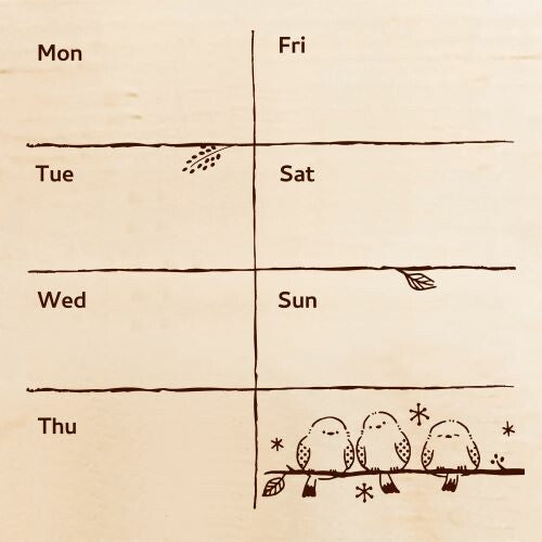 Beverly Hanko Rubber Stamp – Long-tailed Tit Weekly Calendar showing weekly planner grid with three long-tailed tit birds