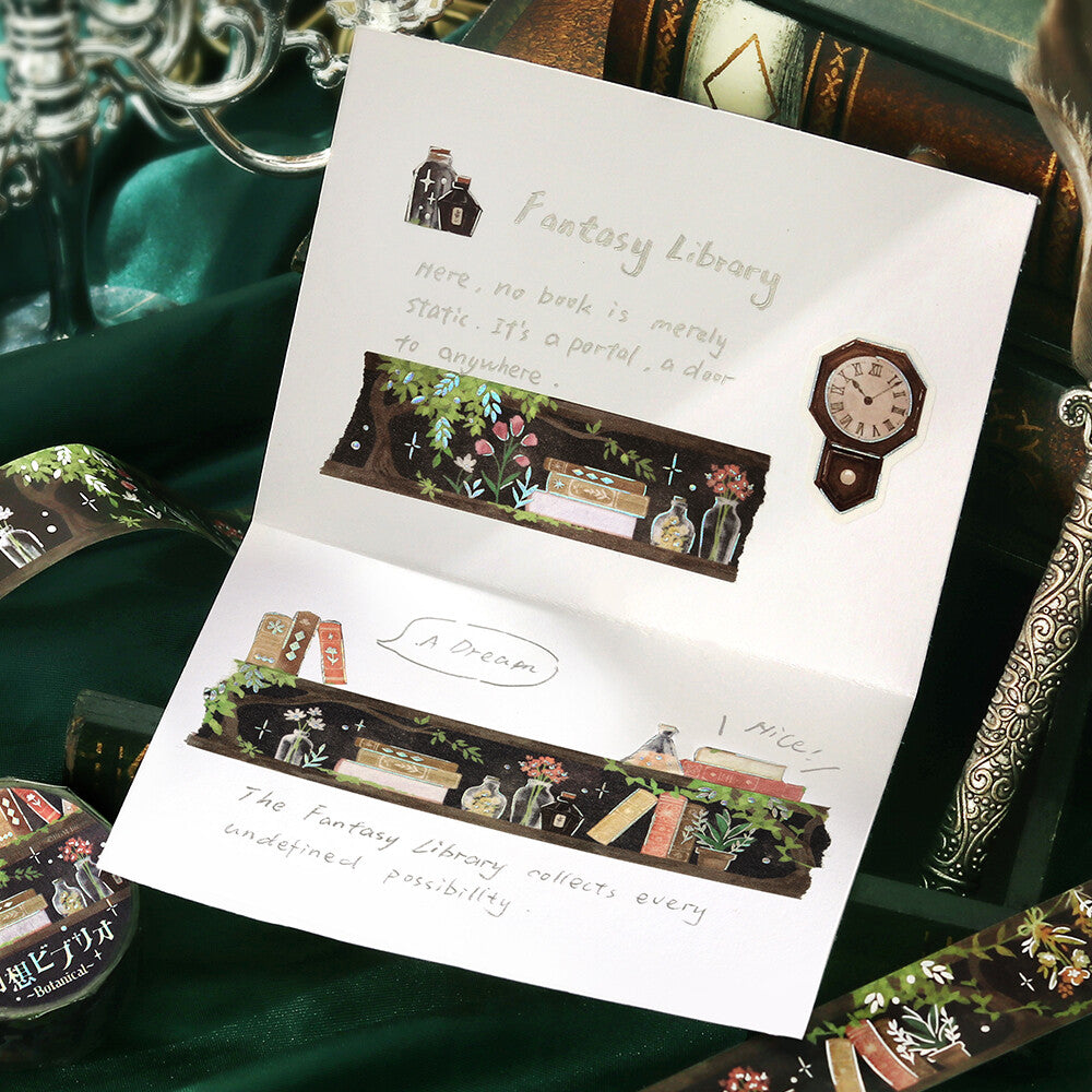 BGM Fantasy Biblio Botanical foil-stamped washi tape used in a fantasy library journal spread