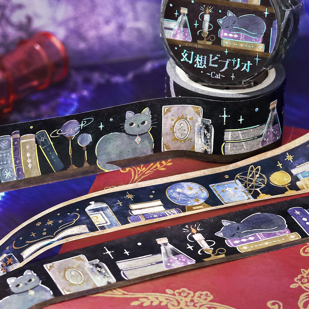 BGM Fantasy Biblio Cat foil-stamped washi tape arranged in layered bookshelf-style strips