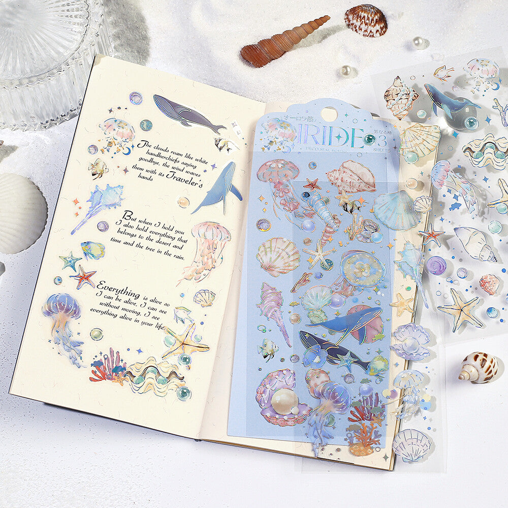 BGM IRIDE Vol.2 Ocean clear stickers used in a journal spread