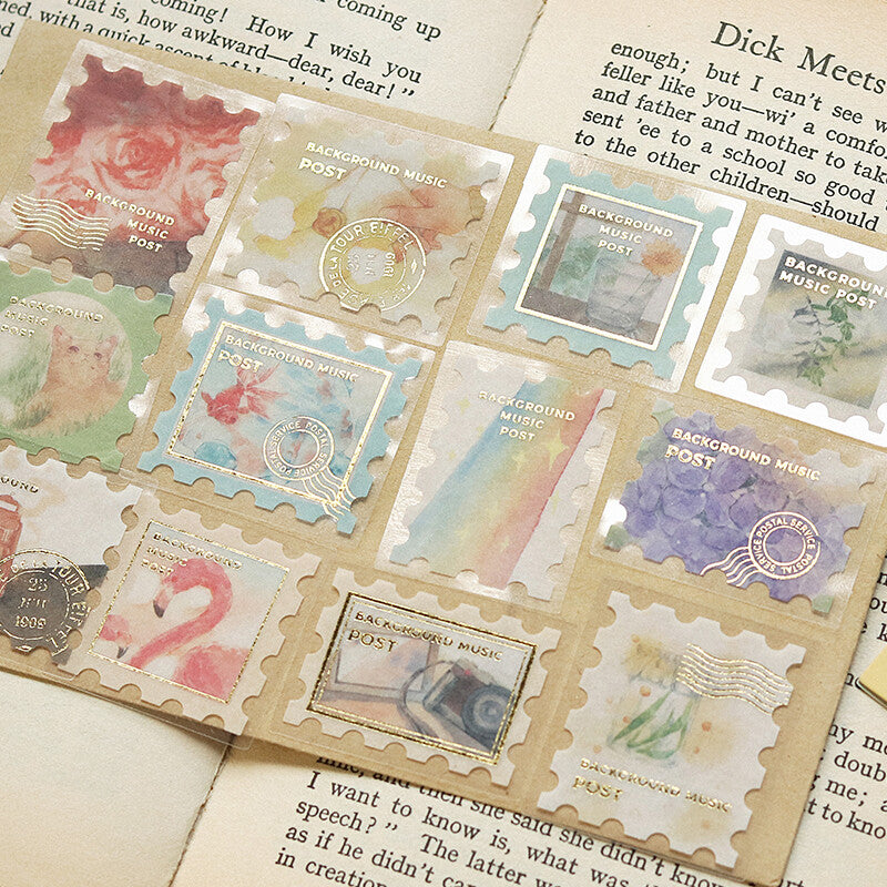 BGM Post Office Story foil-stamped flake stickers used in a vintage-style journal collage