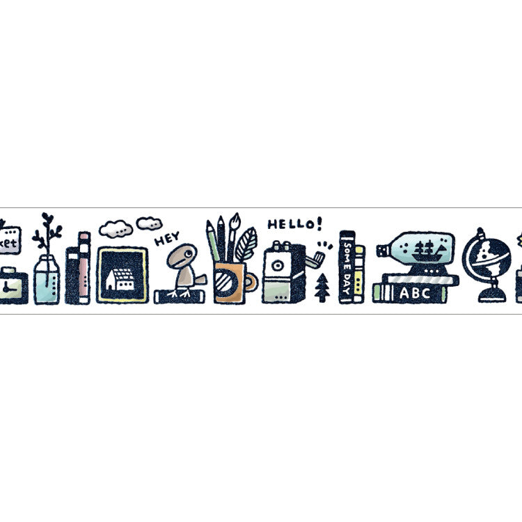 eric Bookshelf Masking Tape with books, stationery, camera, globe and everyday desk objects