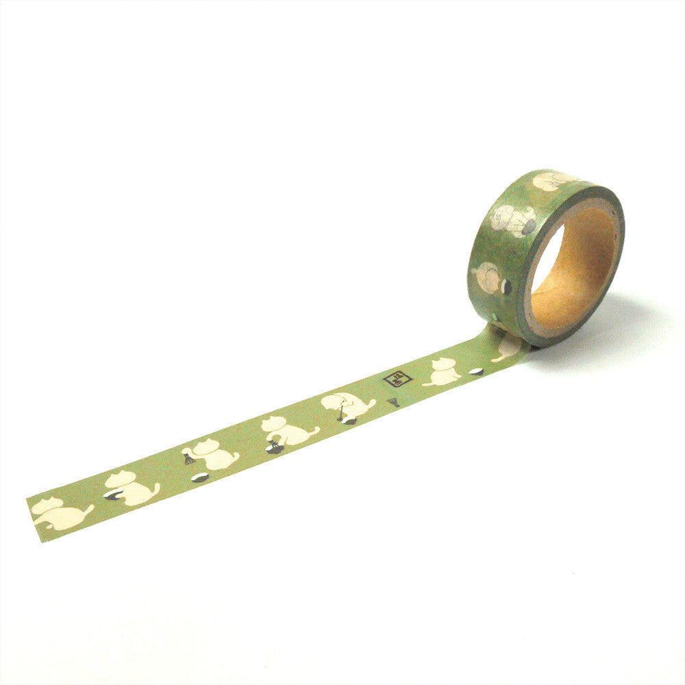 HAMAMONYO Matcha Cat washi tape roll with unrolled green tape showing cat and matcha motifs