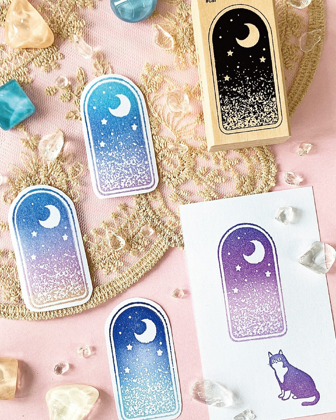 Kodomo No Kao Moon Sky stamp impression in blue and purple ink
