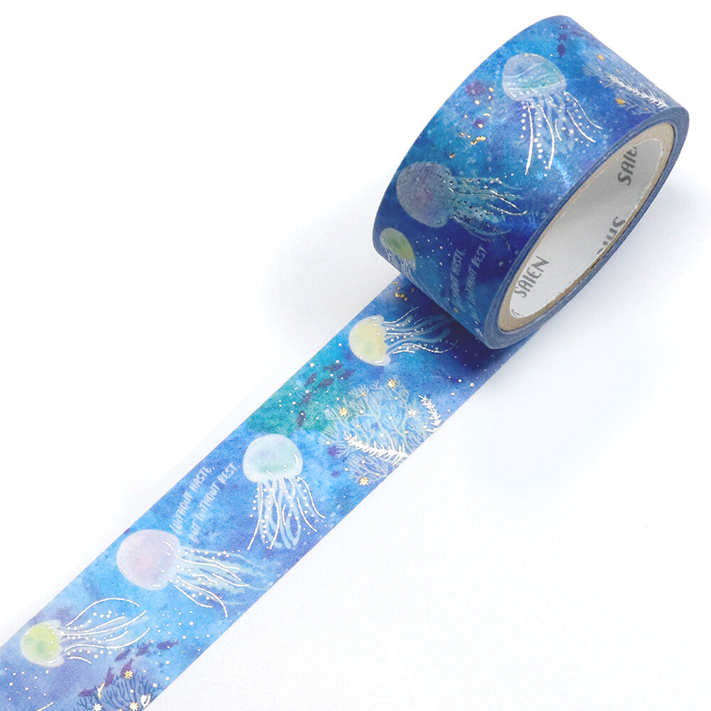 SAIEN Marine Life Jellyfish foil washi tape unrolled to show translucent watercolour jellyfish artwork and foil accents