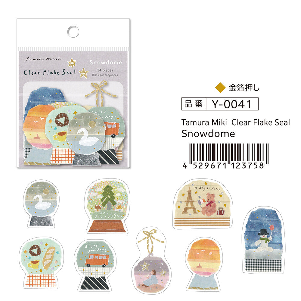 SAIEN × Miki Tamura Snowdome Clear Flake Stickers showing all eight snow globe designs