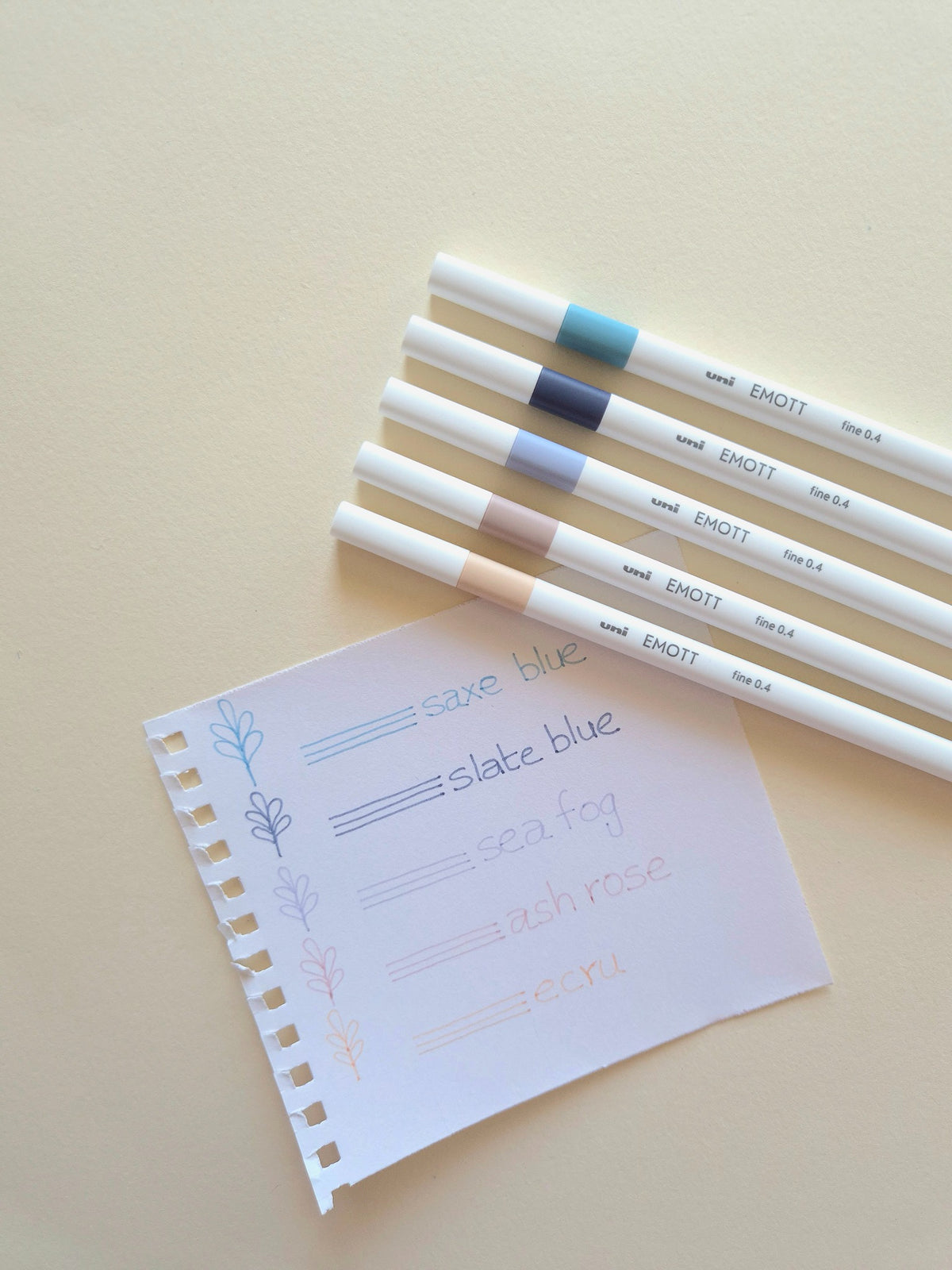 Uni EMOTT Nuance No. 9 pens with handwritten colour samples