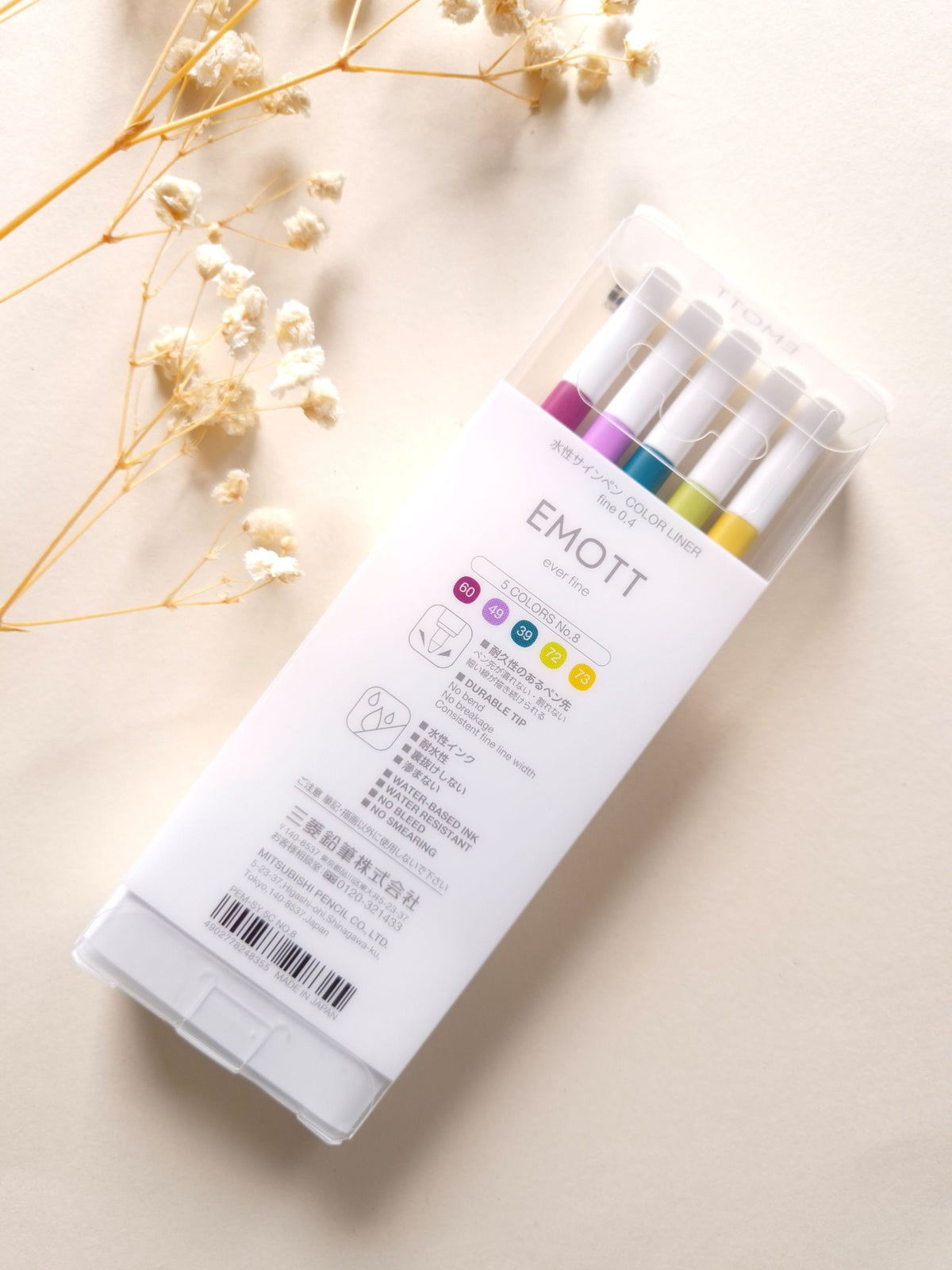 Uni EMOTT Retro No. 8 five-colour set rear packaging