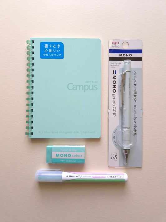 Softly Written Mint gift set with green notebook, blue mechanical pencil, eraser and dual colour highlighter