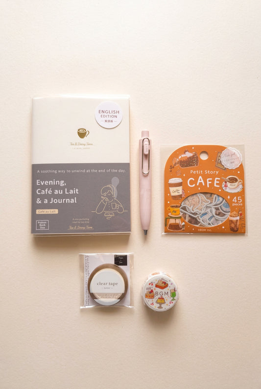 A Little Kissaten Japanese stationery gift set with café-themed journal, pen, stickers and tapes