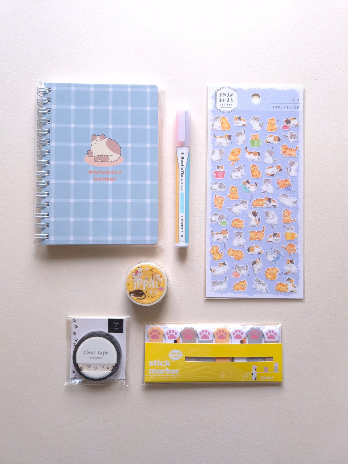 Little Cat Days gift set with six cat-themed Japanese stationery items