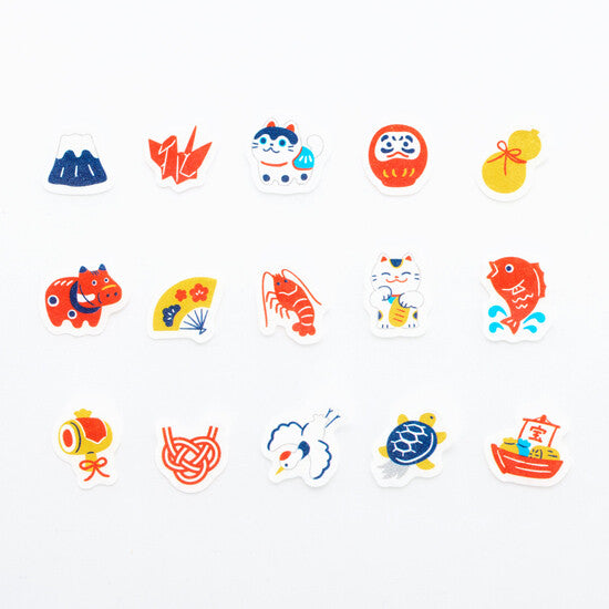 Bande Auspicious Pattern masking roll stickers showing 15 Japanese lucky motif designs including maneki-neko and daruma