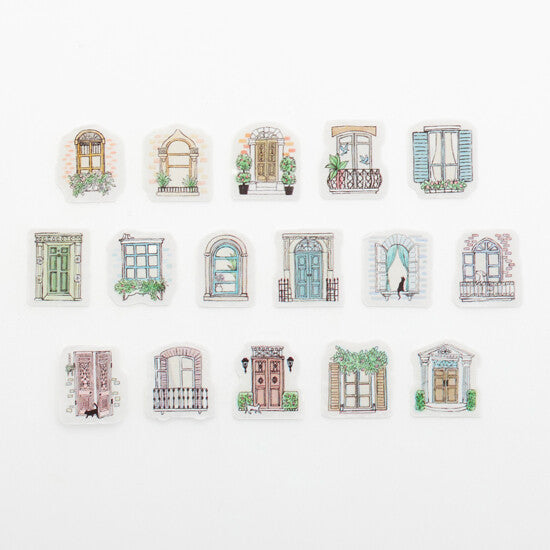 Bande European Windows & Doors masking roll stickers showing the full set of 16 illustrated European-inspired designs