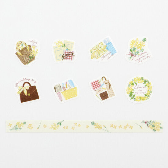 Bande Flowers in My Bag Rapeseed Blossom set showing eight illustrated sticker designs and coordinating floral tape