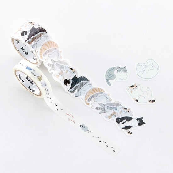 Bande Relaxing Cat Stroll set with peel-off cat roll stickers and coordinating paw-print masking tape unrolled