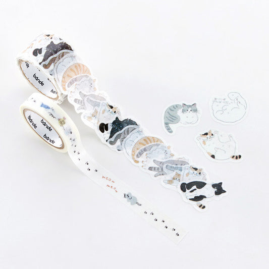 Bande Relaxing Cat Stroll set with peel-off cat roll stickers and coordinating paw-print masking tape unrolled