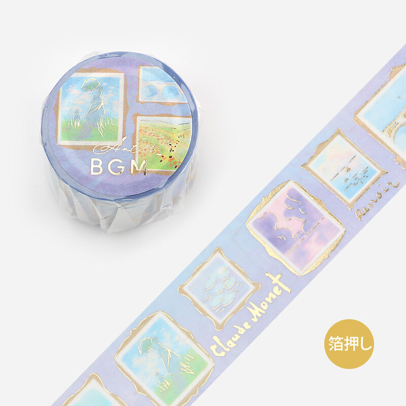 BGM Art Tour Impression foil-stamped washi tape roll with pastel framed artworks and gold foil accents