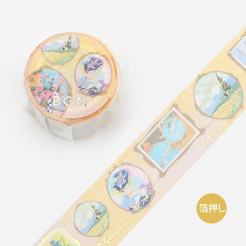 BGM Art Tour Romance foil-stamped washi tape roll with pastel framed artworks and gold foil accents