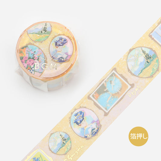 BGM Art Tour Romance foil-stamped washi tape roll with pastel framed artworks and gold foil accents