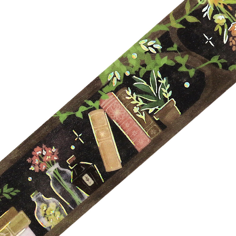 Close-up of BGM Fantasy Biblio Botanical washi tape showing books, flowers, bottles and foil accents