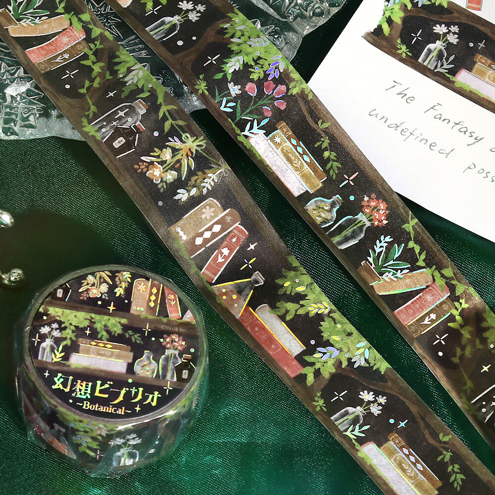 BGM Fantasy Biblio Botanical foil-stamped washi tape displayed in layered bookshelf-style strips