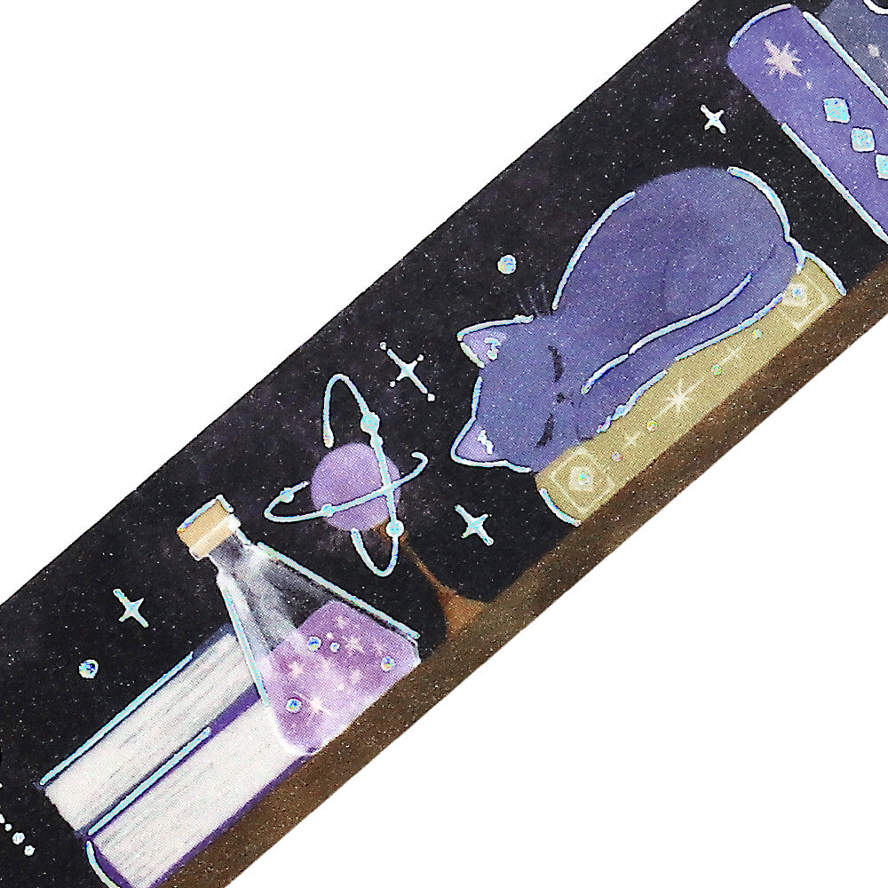 Close-up of BGM Fantasy Biblio Cat washi tape showing a sleeping grey cat, books, celestial motifs and foil accents