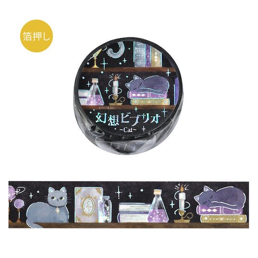 BGM Fantasy Biblio Cat foil-stamped washi tape roll with grey cat and magical bookshelf illustrations