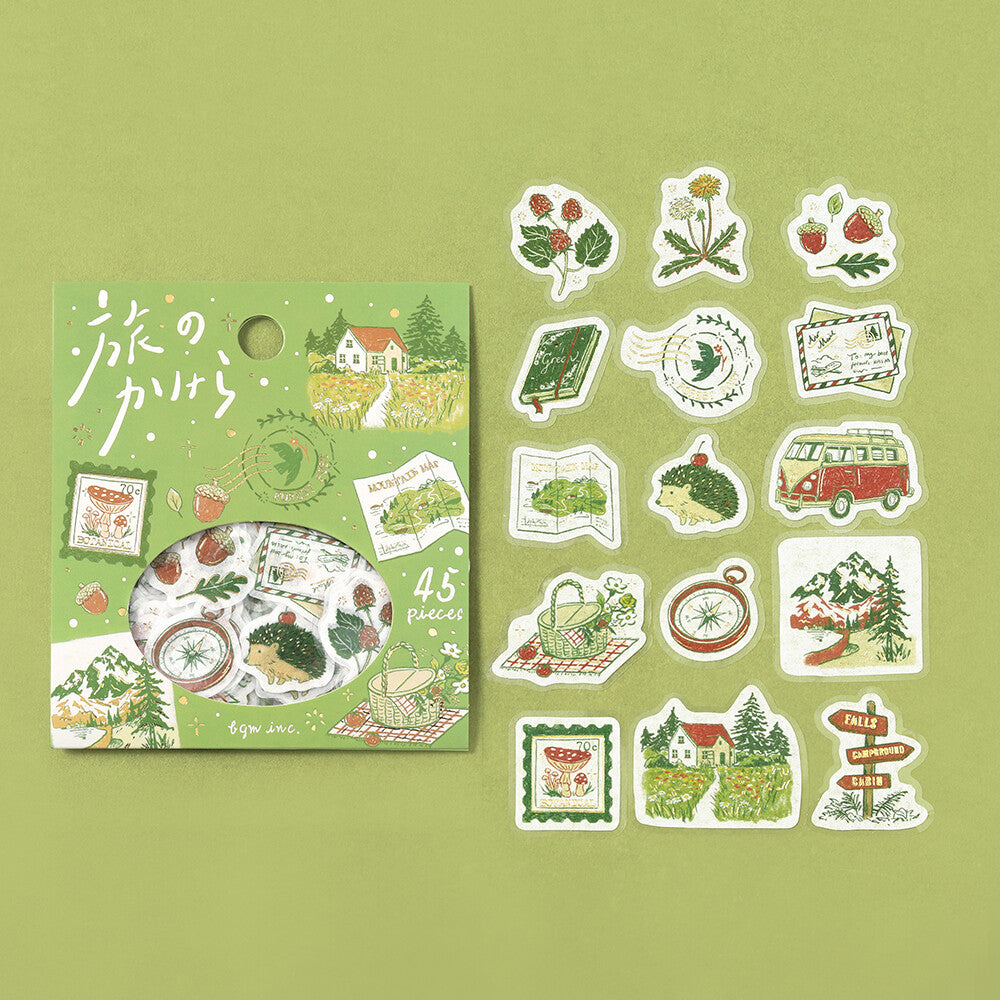 BGM Fragments of a Journey To the Forest flake sticker set showing 15 forest-themed designs beside the green package
