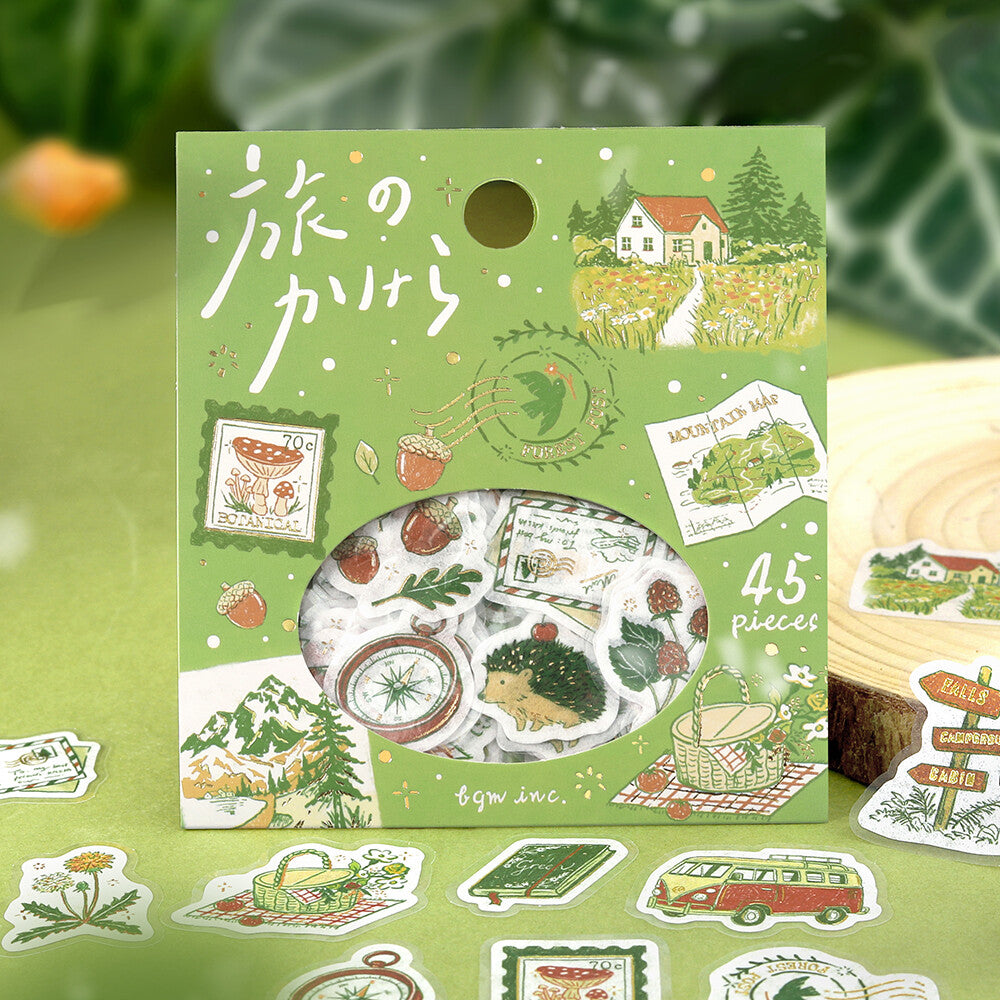 BGM Fragments of a Journey To the Forest sticker package styled with forest-themed flake stickers on a green background