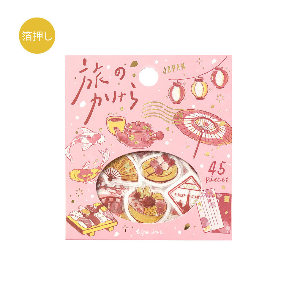 BGM Fragments of a Journey To Japan foil-stamped flake stickers in pink package with Japanese travel motifs