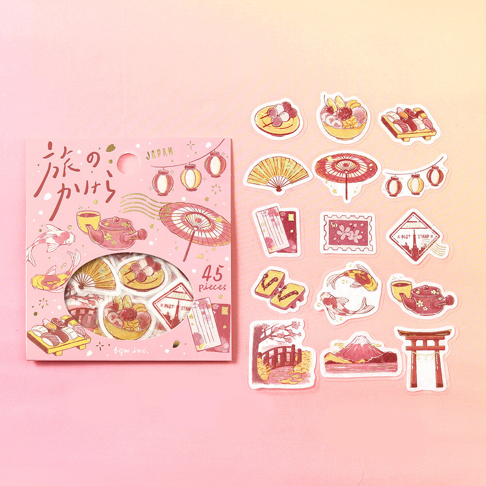 BGM Fragments of a Journey To Japan flake sticker set showing 15 Japan-inspired designs beside the pink package