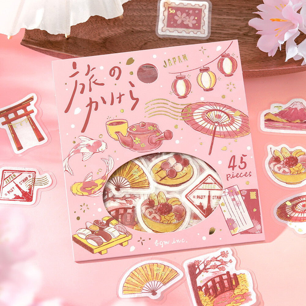 BGM Fragments of a Journey To Japan sticker package styled with pink Japan-themed flake stickers