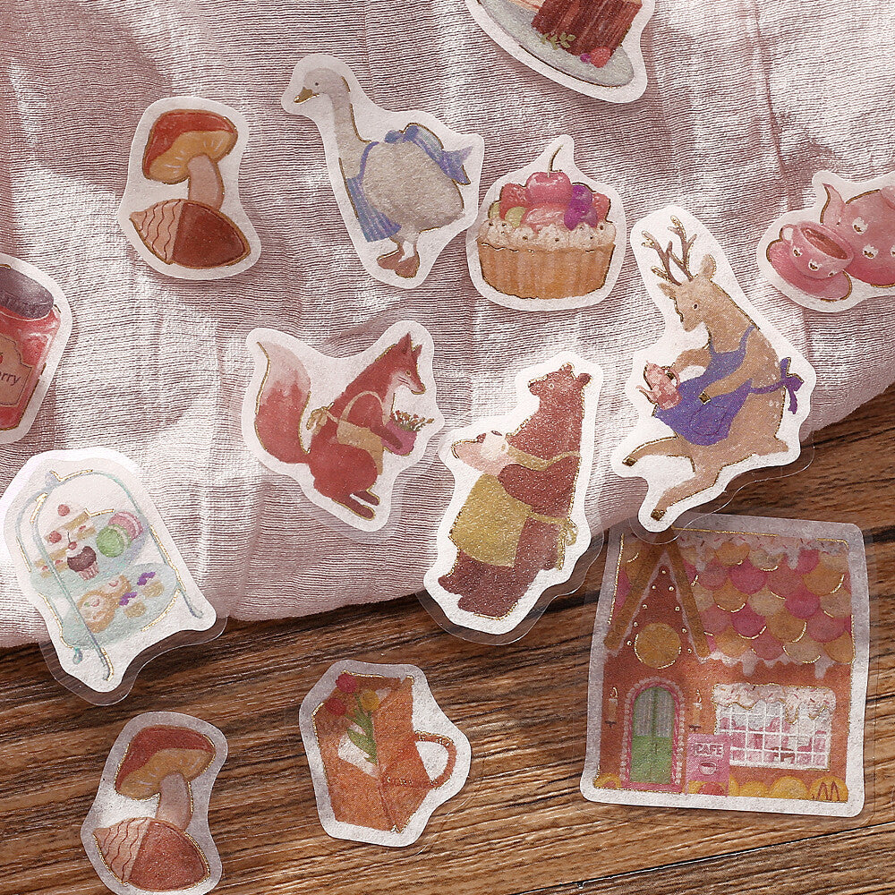 Close-up of BGM confectionery café flake stickers with gold foil accents
