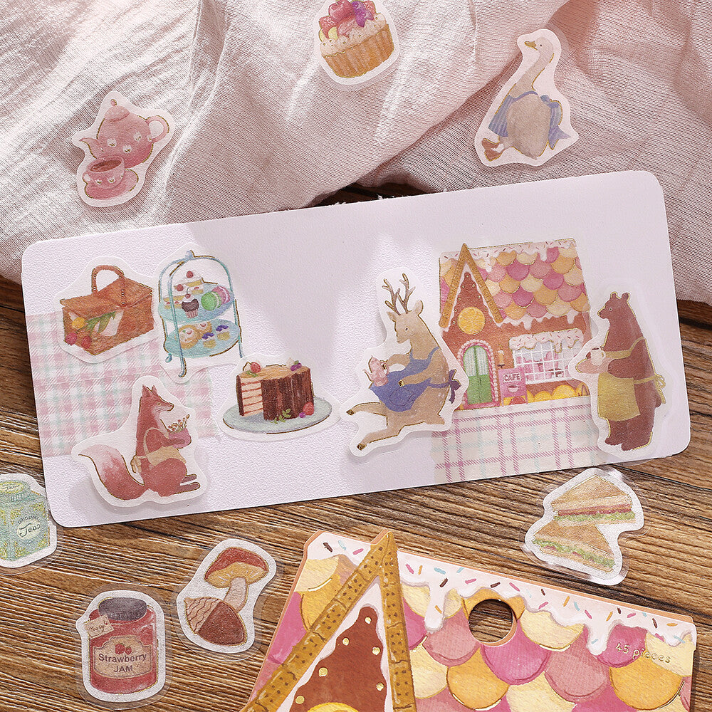 BGM confectionery café foil-stamped flake stickers arranged on a journal page