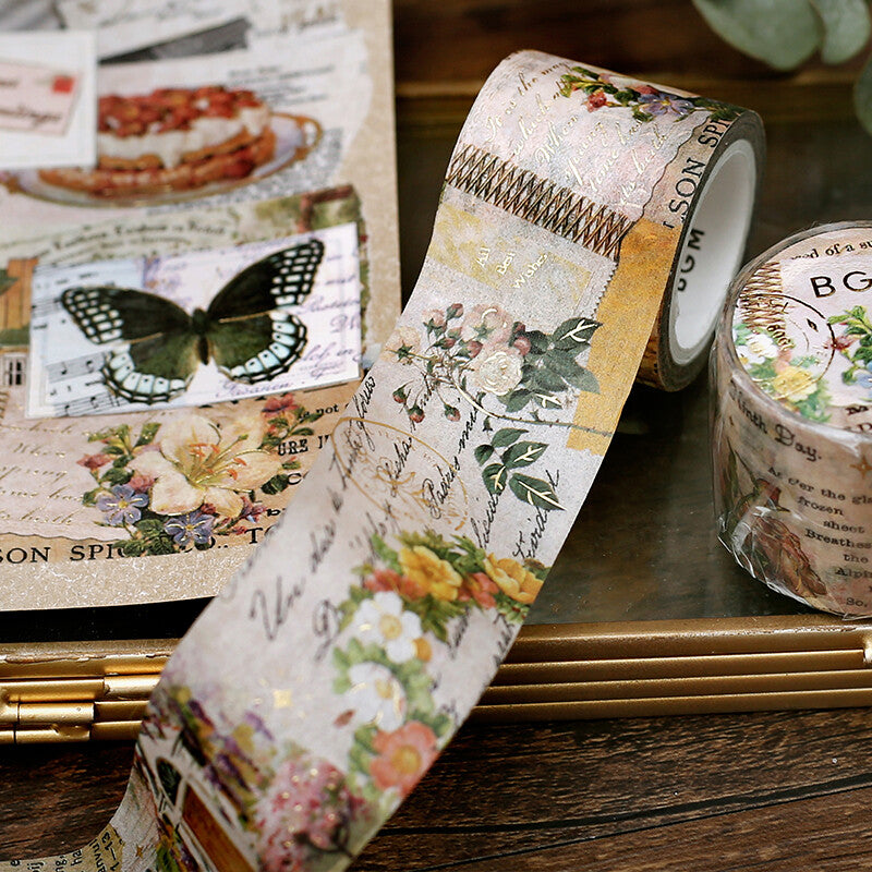 BGM Invitation to Romance Flowers foil-stamped washi tape used in a vintage floral collage