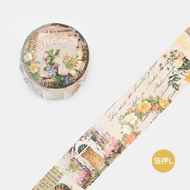 BGM Invitation to Romance Flowers foil-stamped washi tape roll with floral collage design