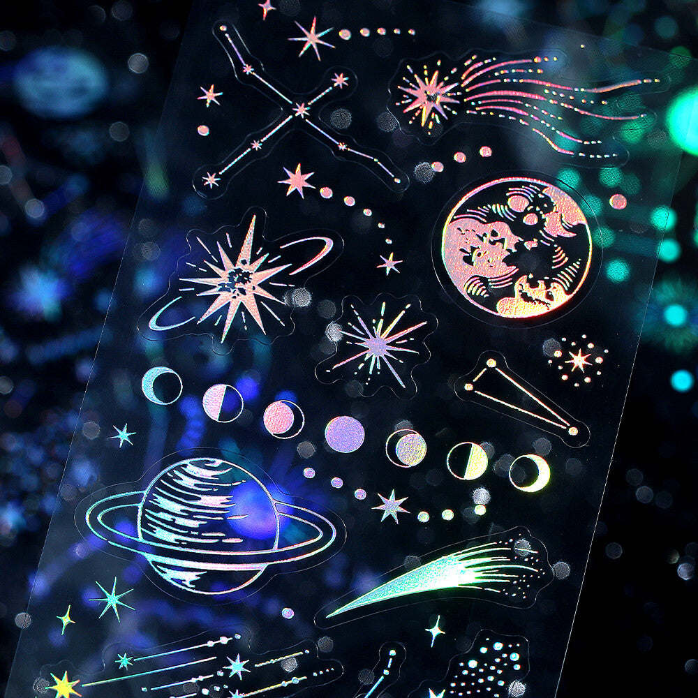 Close-up of BGM IRIDE Vol.3 Galaxy clear stickers with aurora foil
