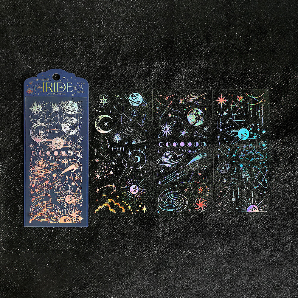 BGM IRIDE Vol.3 Galaxy clear sticker three-sheet set on dark background