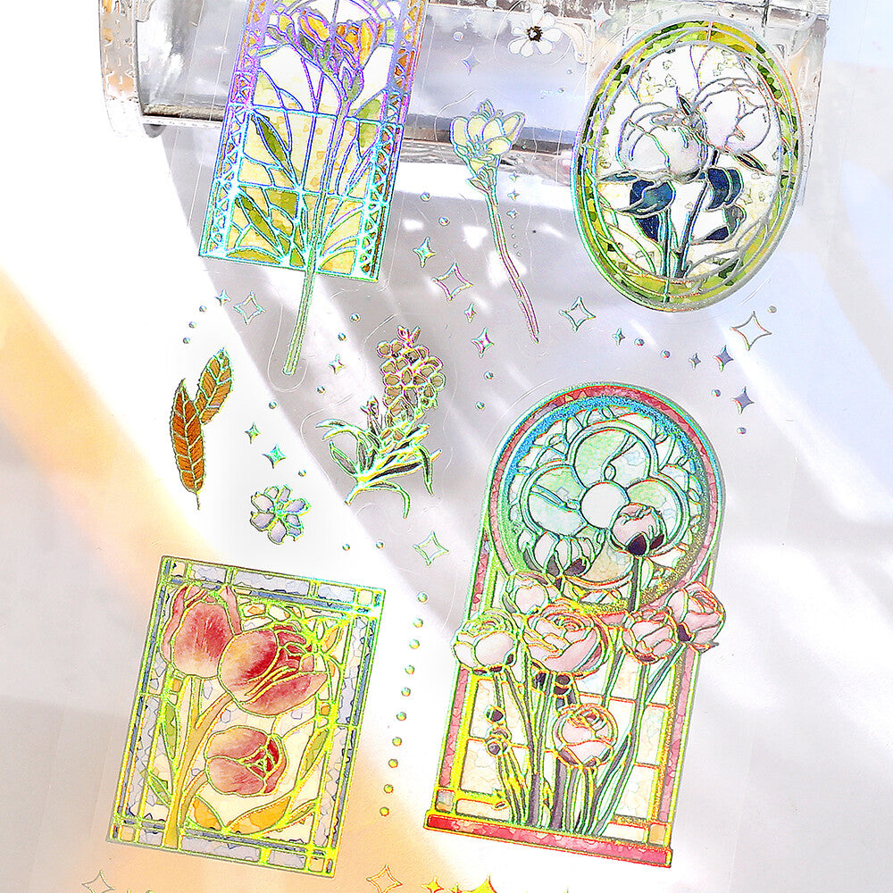 Close-up of BGM IRIDE Vol.3 Stained Glass clear stickers with aurora foil