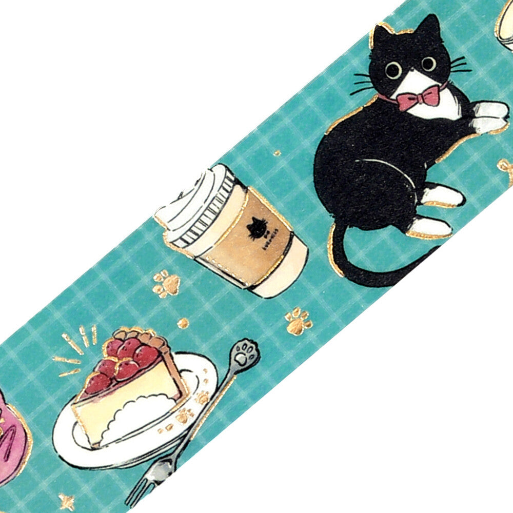 BGM Kissaten Kuroneko Cafe Stroll washi tape close-up showing black cat, coffee and cake illustrations with foil accents