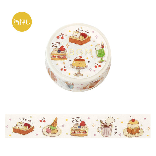 BGM Life Cafe Time Foil-Stamped Washi Tape with cakes, drinks and cat café illustrations