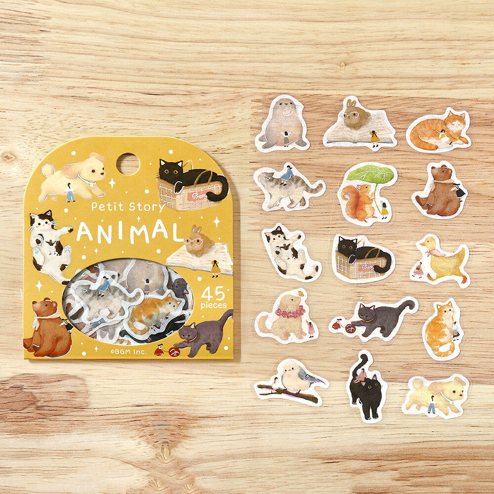 BGM Petit Story Animal flake sticker set showing 15 animal designs beside the package