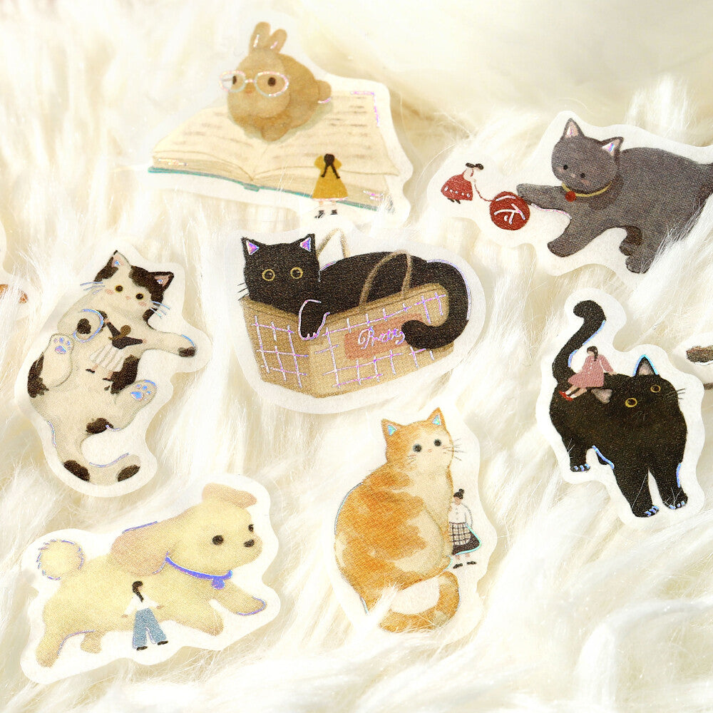 Close-up of BGM Petit Story Animal foil-stamped flake stickers featuring cats, a dog and a rabbit