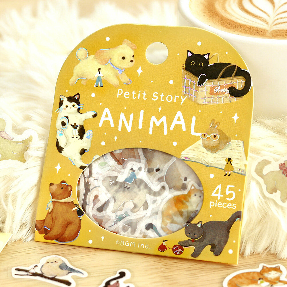 BGM Petit Story Animal sticker package styled with animal flake stickers on a soft cream background