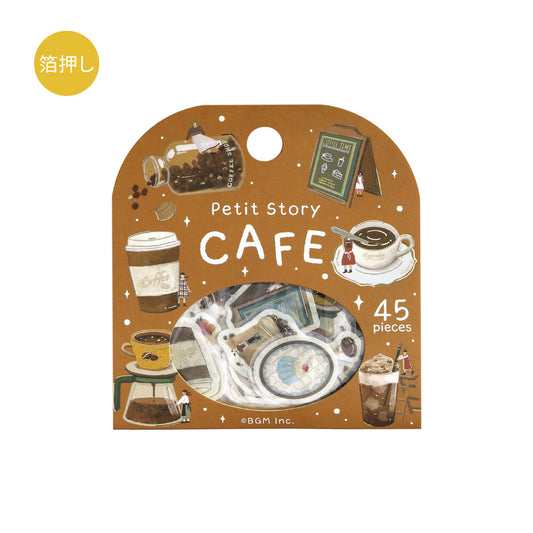 BGM Petit Story Cafe foil-stamped flake stickers in brown package