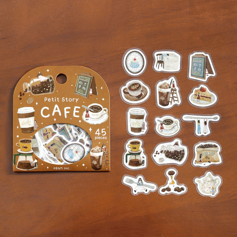 BGM Petit Story Cafe flake sticker set showing 15 cafe-themed designs beside the brown package