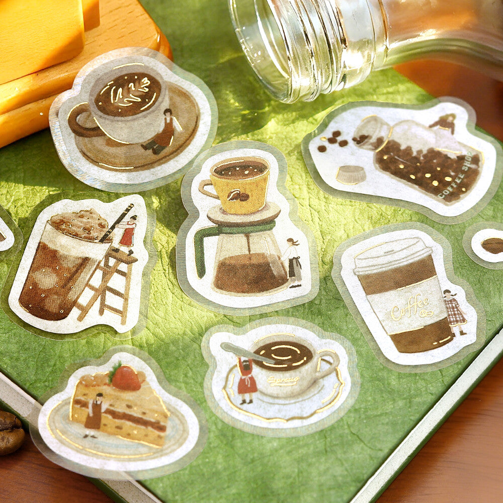 Close-up of BGM Petit Story Cafe foil-stamped flake stickers with coffee, cake and cafe motifs