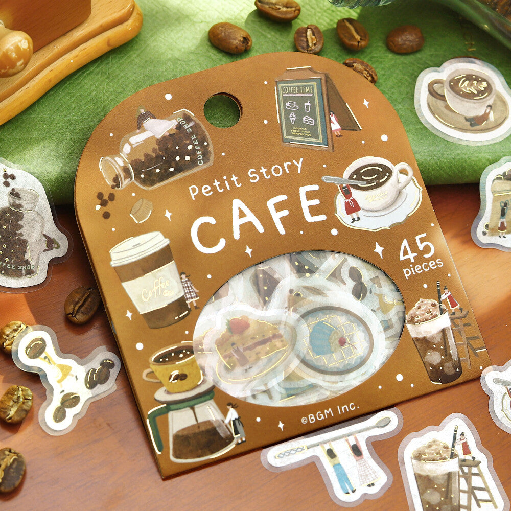 BGM Petit Story Cafe sticker package styled with coffee beans and cafe-themed flake stickers