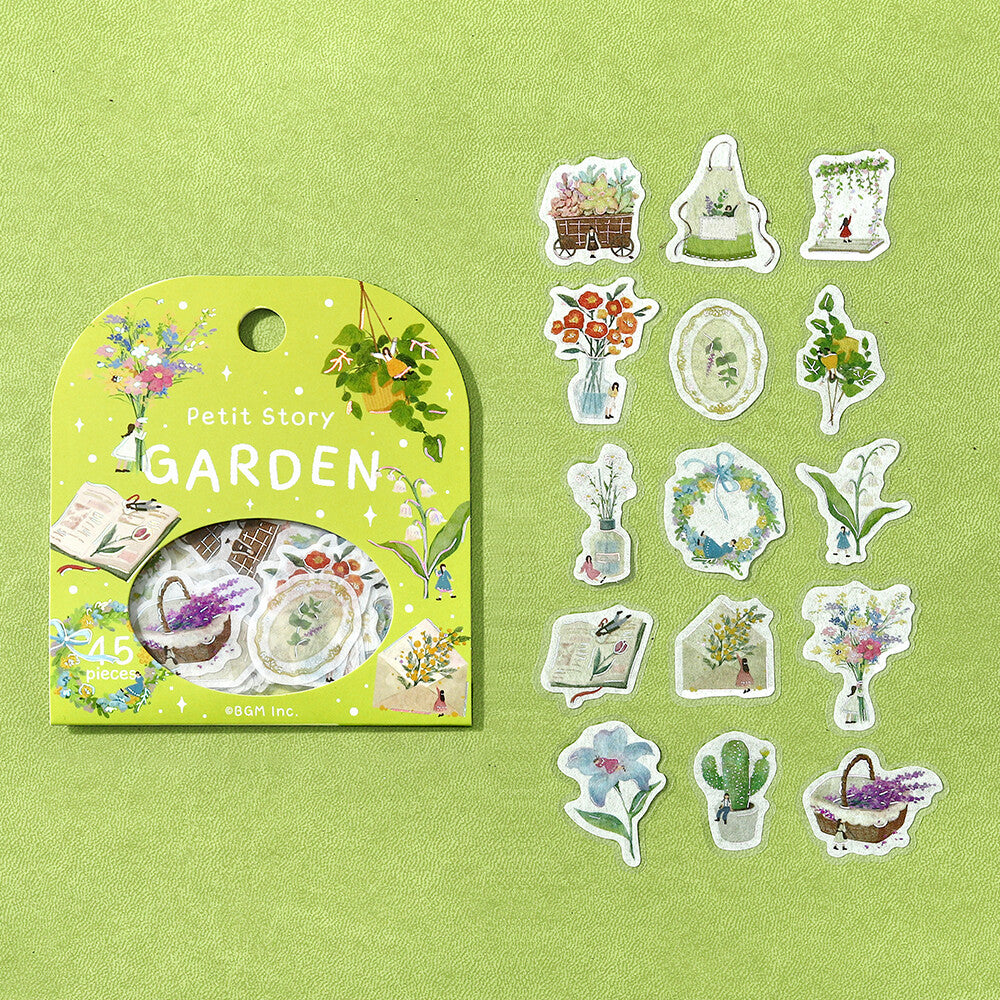 BGM Petit Story Gardening flake sticker set showing 15 garden-themed designs beside the green package