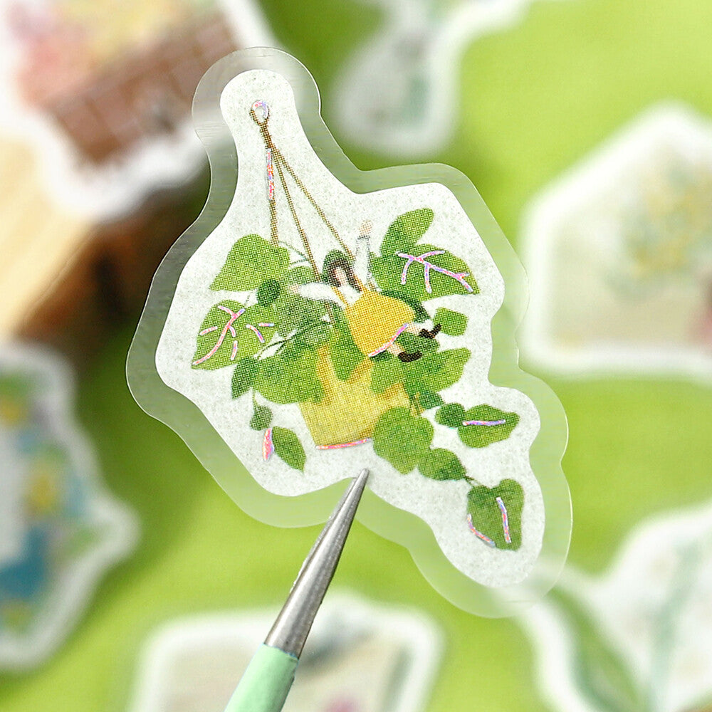 Close-up of BGM Petit Story Gardening foil-stamped flake sticker with hanging plant illustration